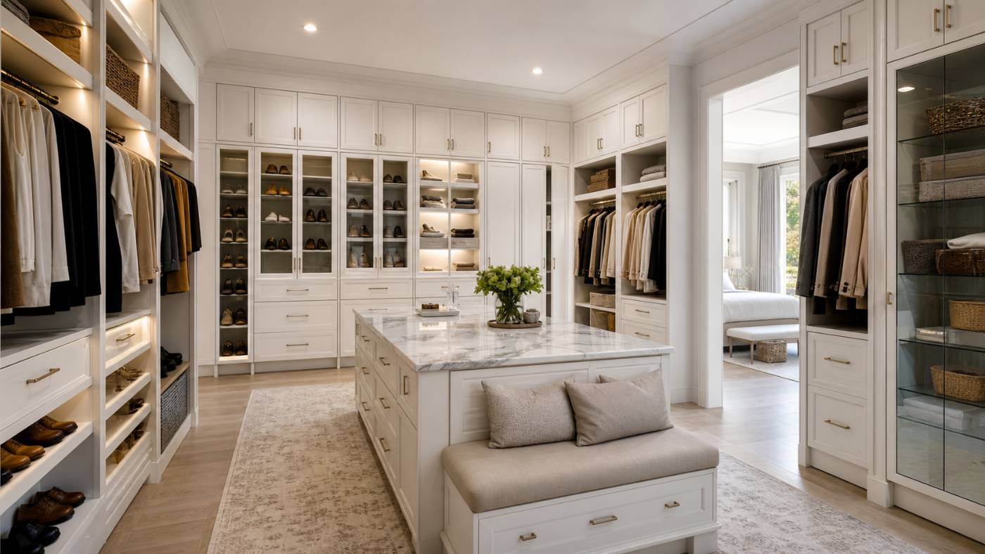 White walk-in closet suite with marble island