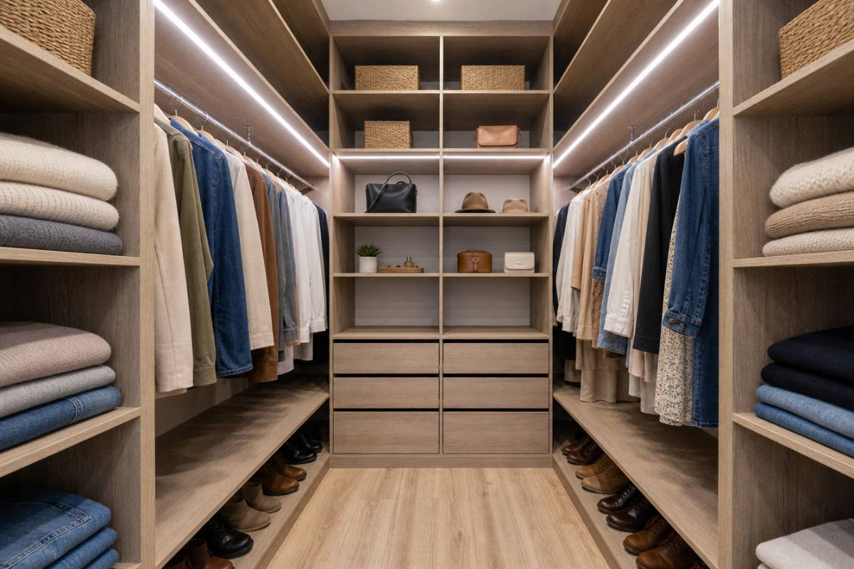Oak U-shape full room closet with island