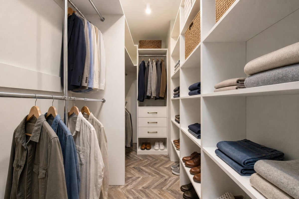 White transitional walk-in closet