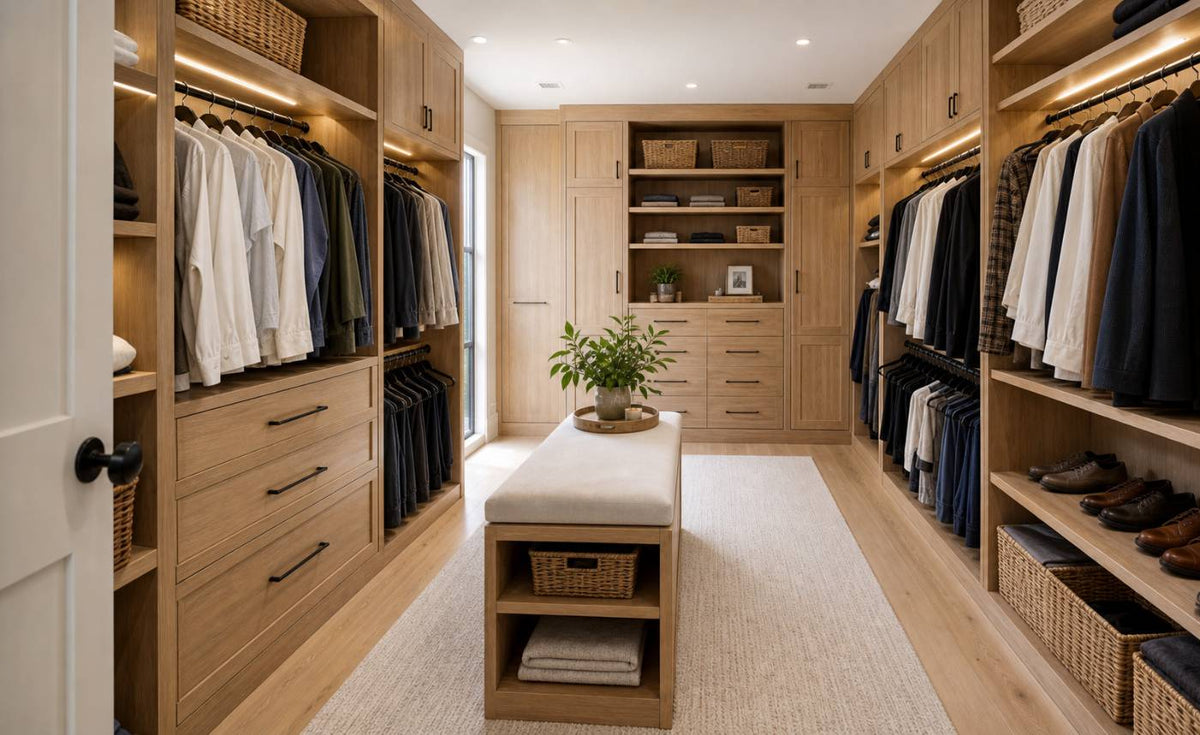 Oak closet with black hardware