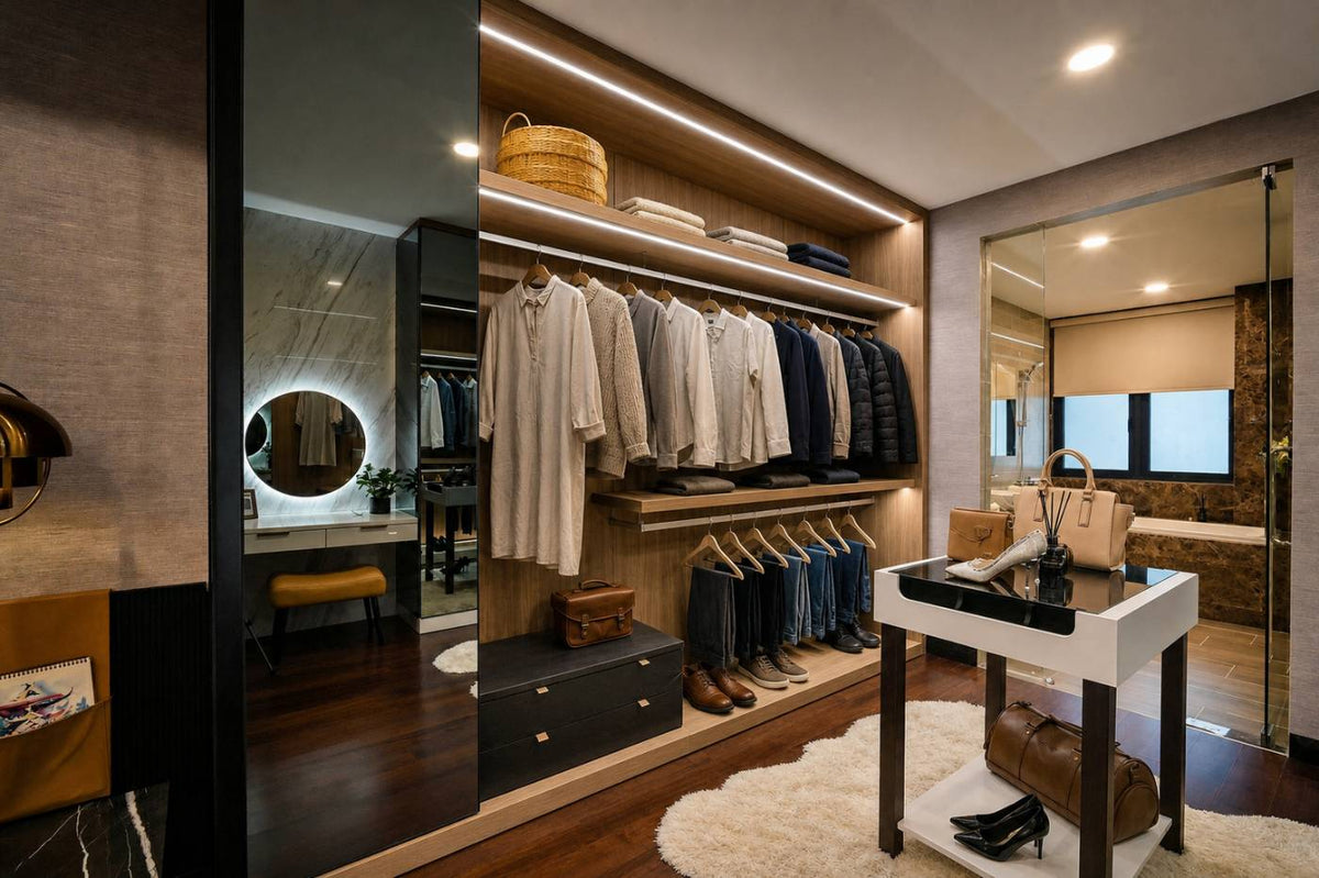 Warm contemporary walk-in closet