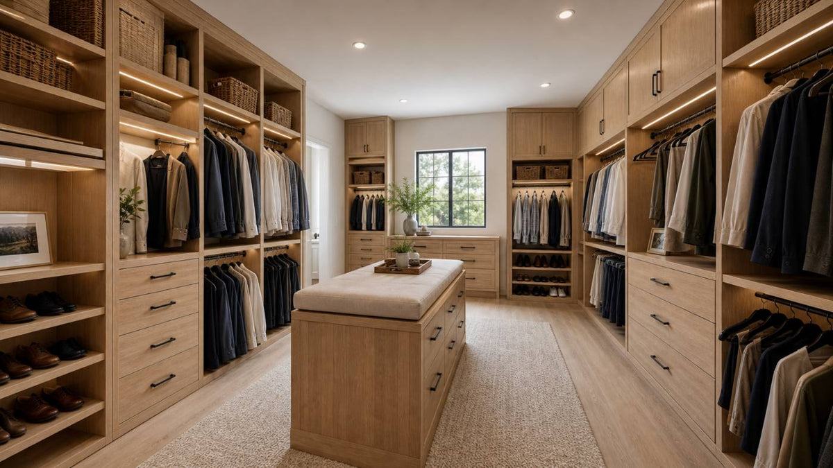 Oak closet with window and island