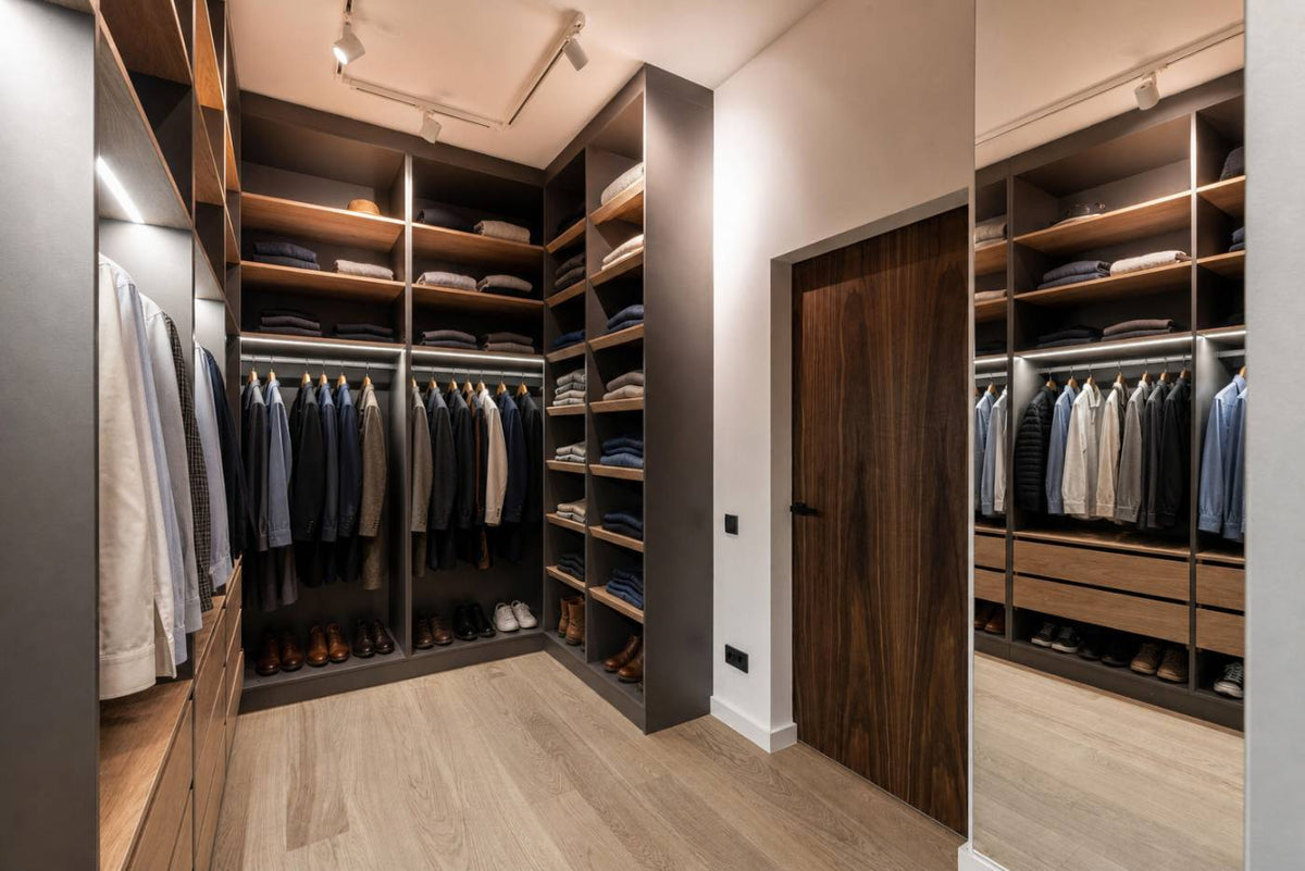 Modern dark wood walk-in closet