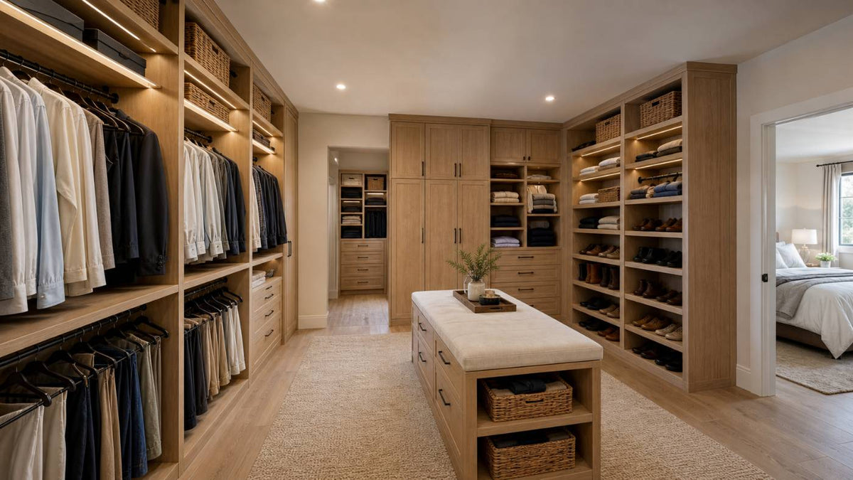 Oak closet adjoining bedroom