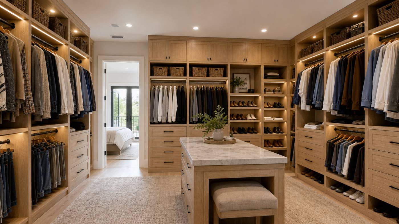 Custom oak walk-in closet with marble island