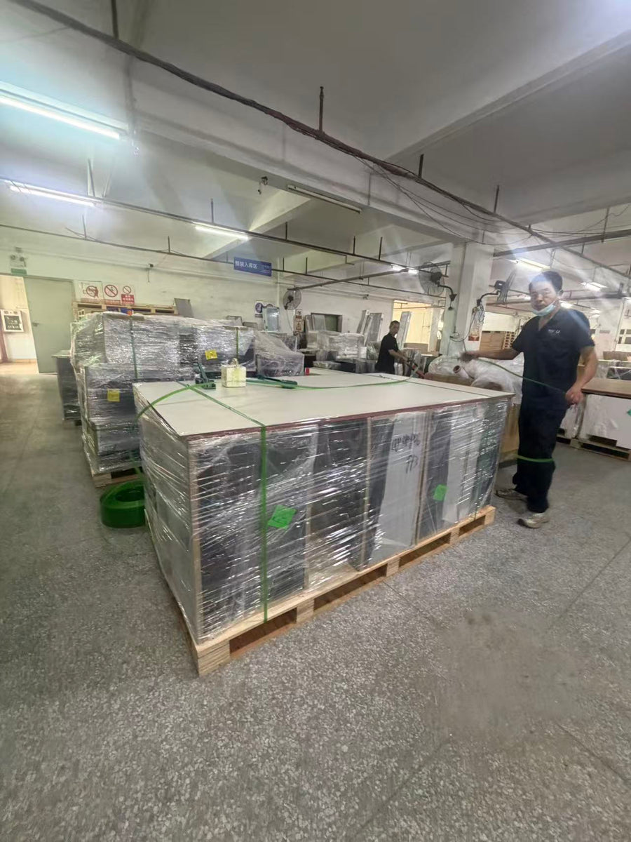 Finished cabinets wrapped for shipment