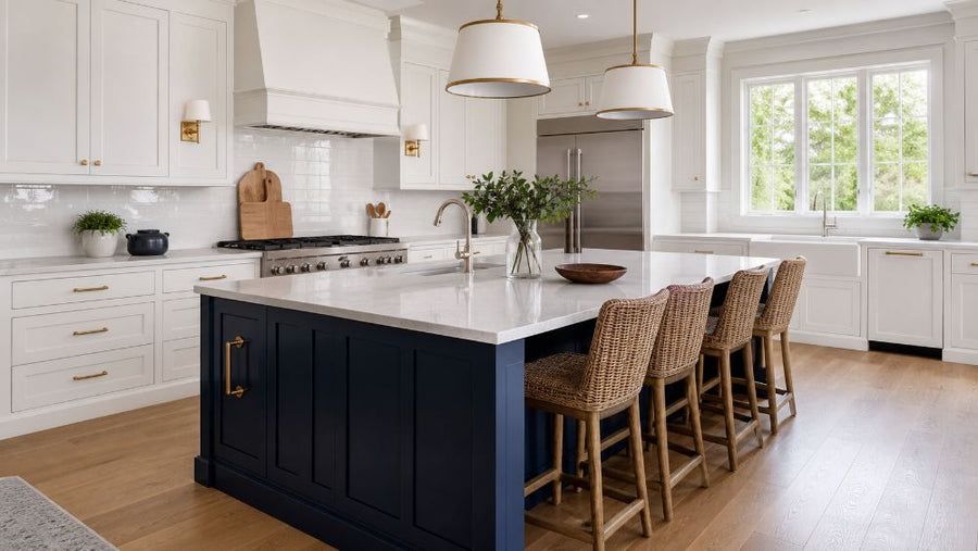 Navy island with white perimeter cabinets