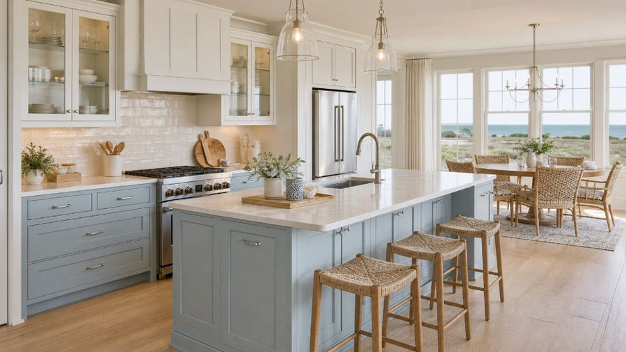 Coastal blue-gray kitchen cabinets