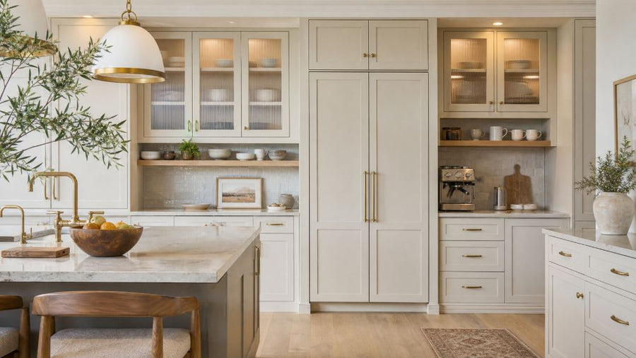 Off-white cabinets with reeded glass fronts