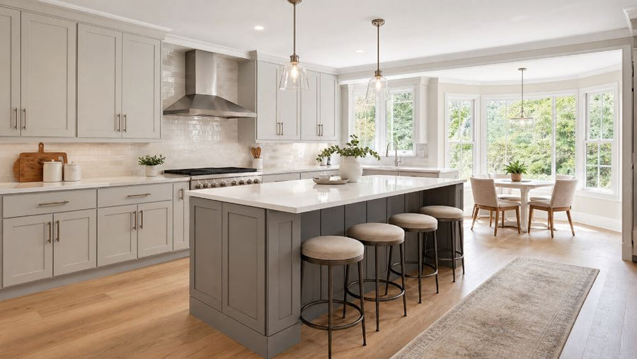 Medium stained wood shaker kitchen cabinets