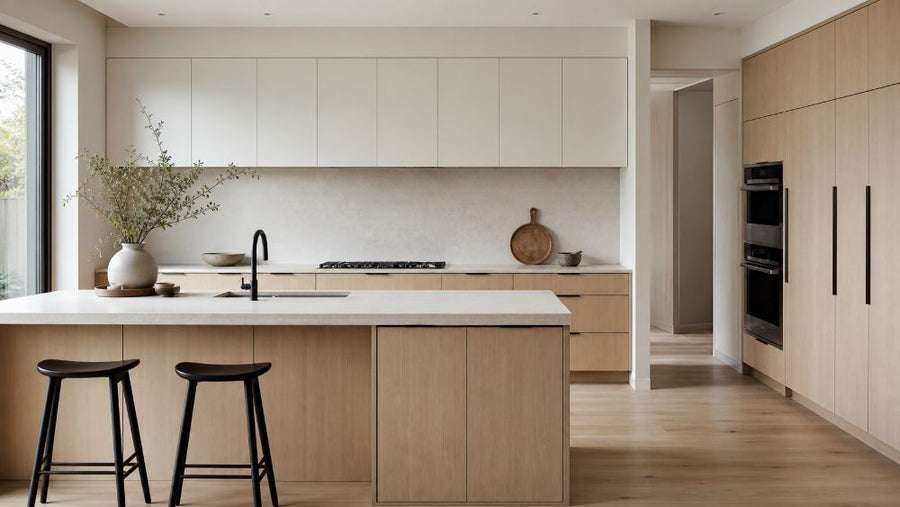 Japandi white oak slab kitchen cabinets