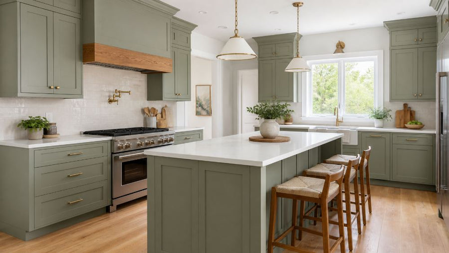 Sage green shaker kitchen cabinets