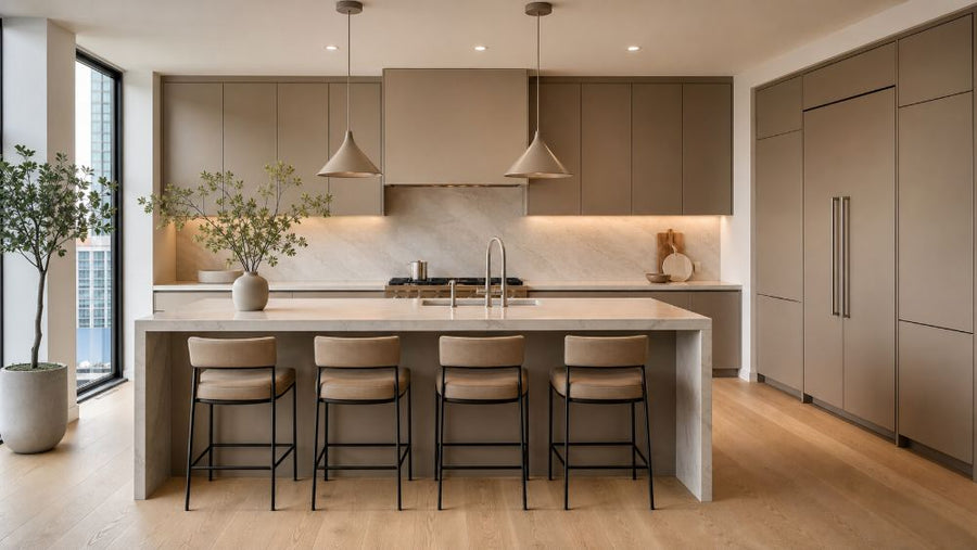 Modern taupe slab kitchen cabinets