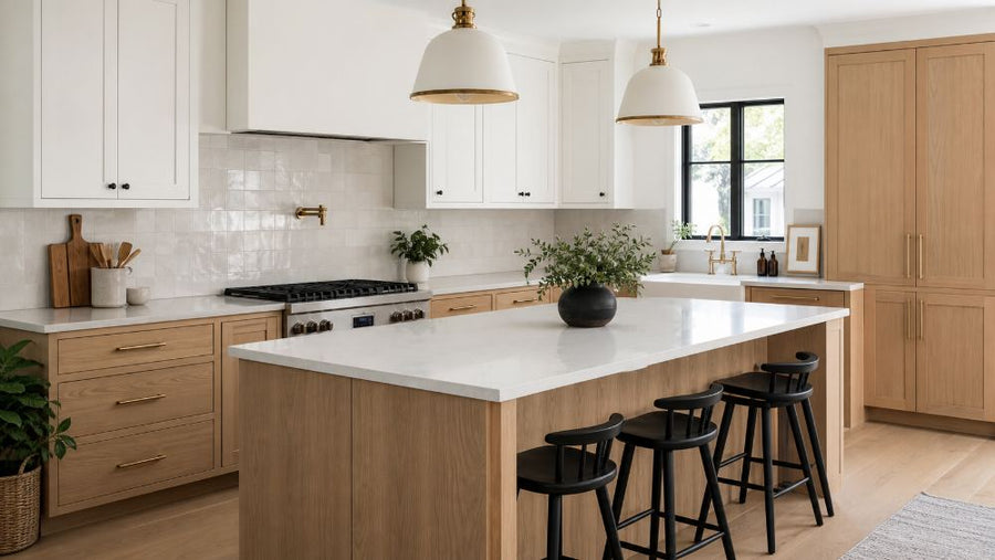 Two-tone white and oak kitchen cabinets
