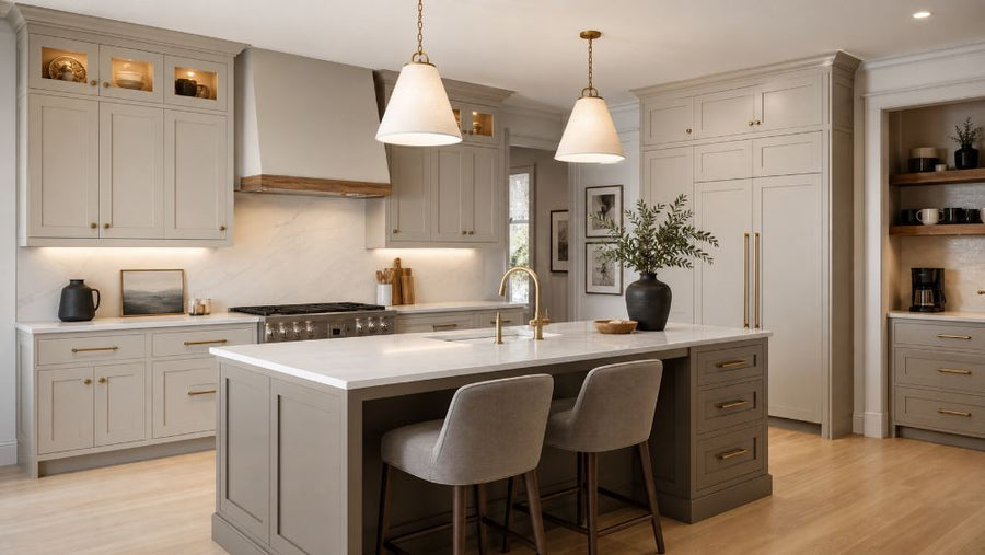 Warm greige shaker kitchen cabinets
