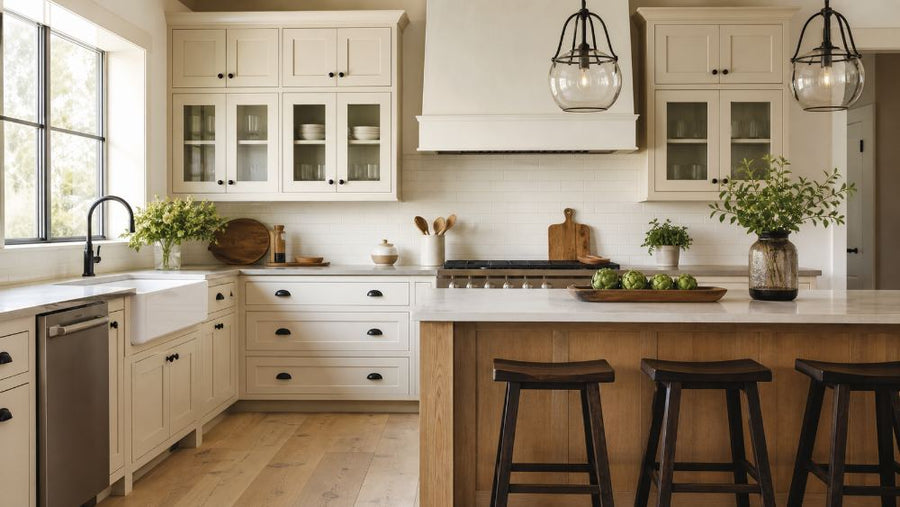 Modern farmhouse cream and oak cabinets