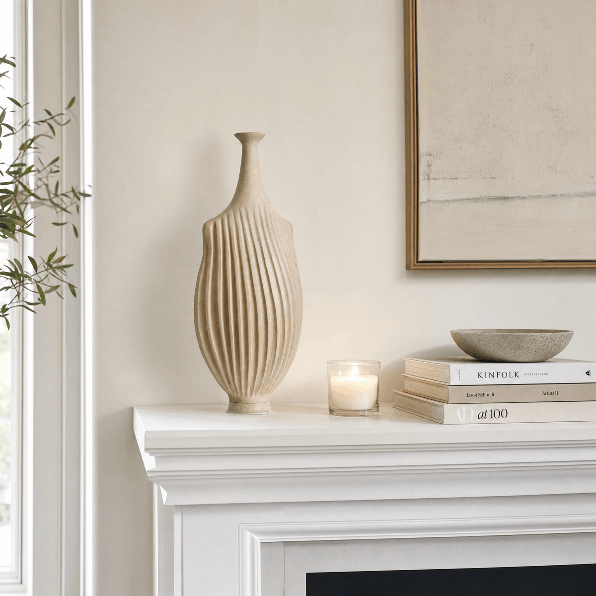 Beige Fluted Ceramic Vase — styled interior view 1