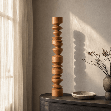 Geometric Wood Totem — styled interior view 1