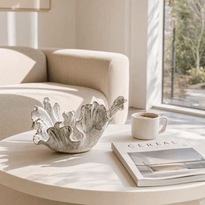 Gray White Pleated Ceramic Bowl — styled interior view 1