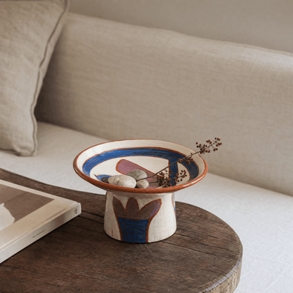 Hand Painted Bird Pedestal Bowl — styled interior view 1
