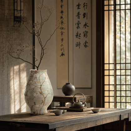 Hand Painted Bird and Flower Vase — styled interior view 1