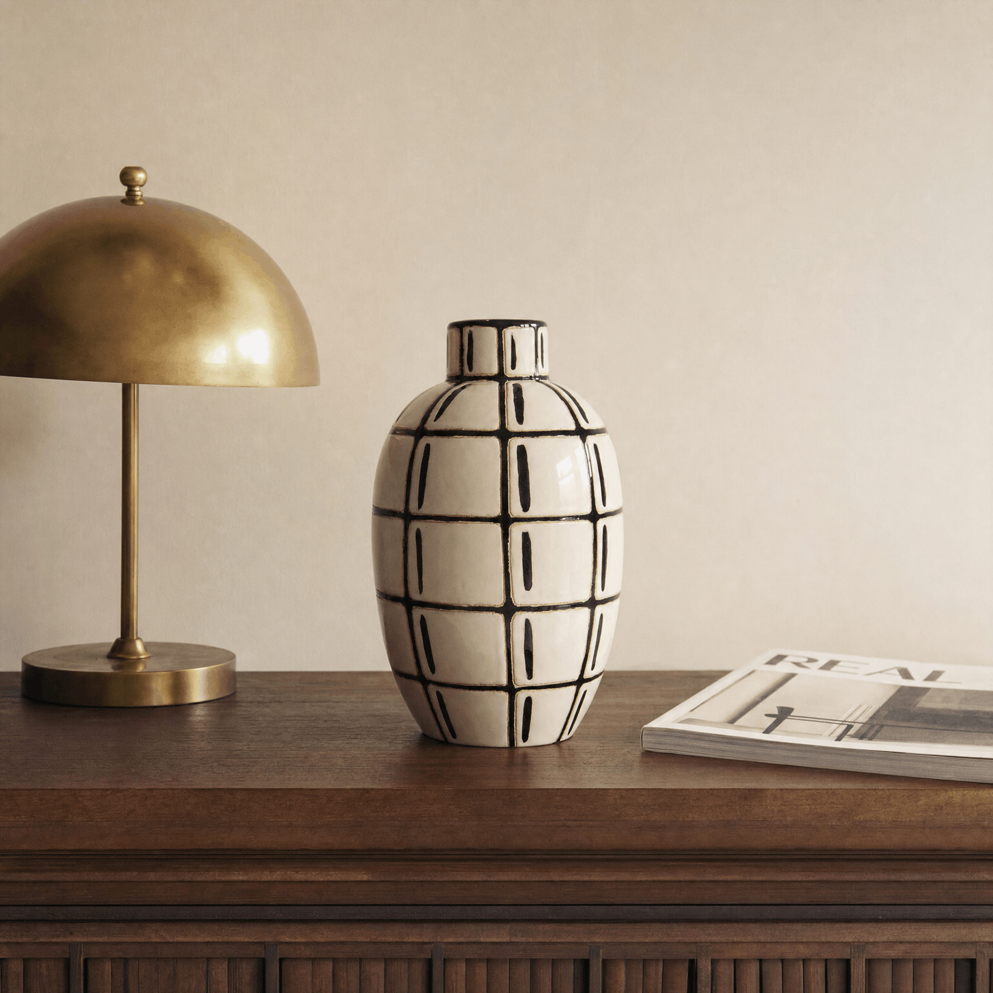 Ivory Grid Ceramic Vase in a finished interior.