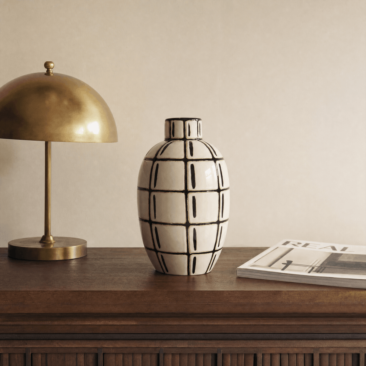 Ivory Grid Ceramic Vase — styled interior view 1