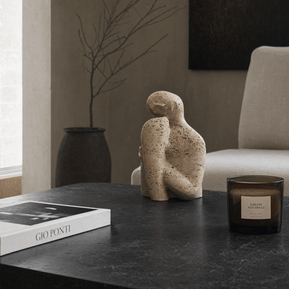 Travertine Embrace Sculpture — styled interior view 2