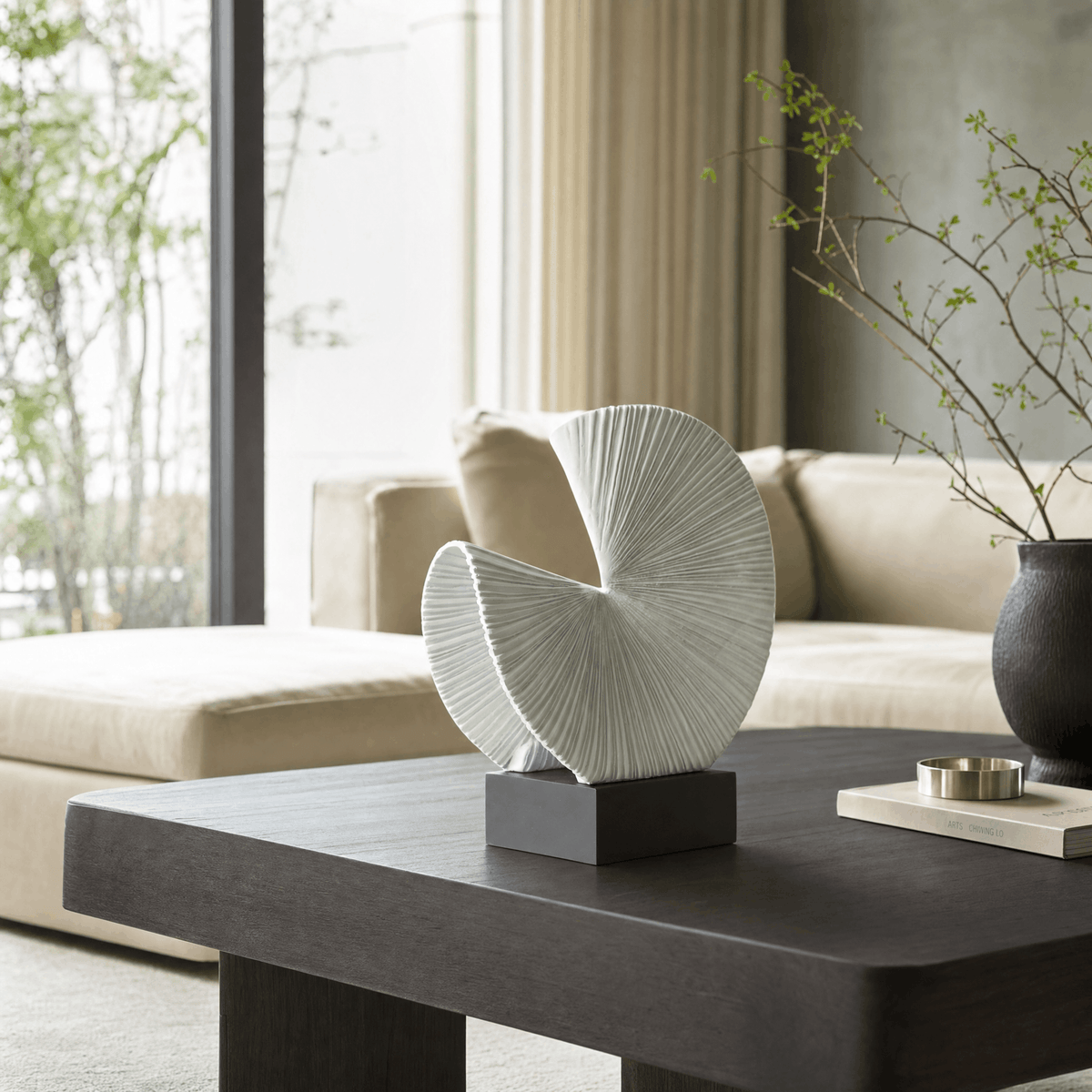 White Fan Sculpture — styled interior view 1