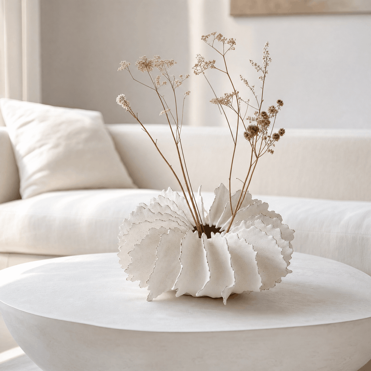 White Ruffled Ceramic Vessel — styled interior view 1