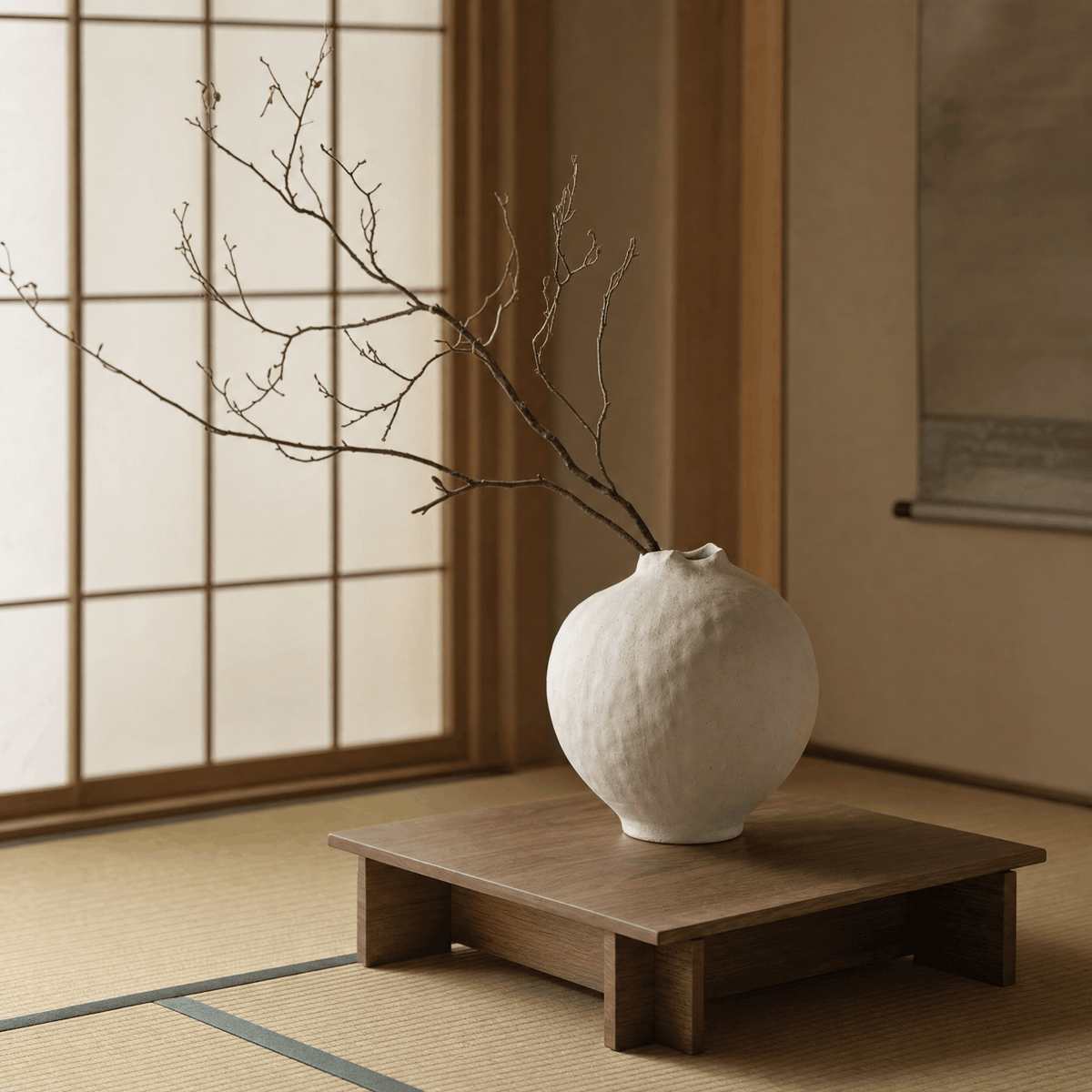 White Textured Ceramic Jar — styled interior view 1