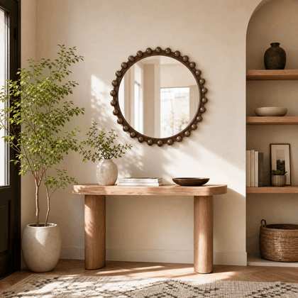Beaded Round Mirror — styled interior view 1