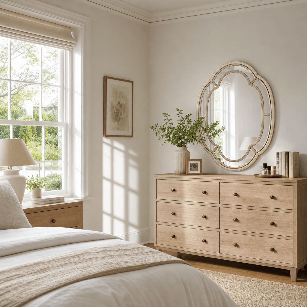 Quatrefoil Oval Mirror in a finished interior.