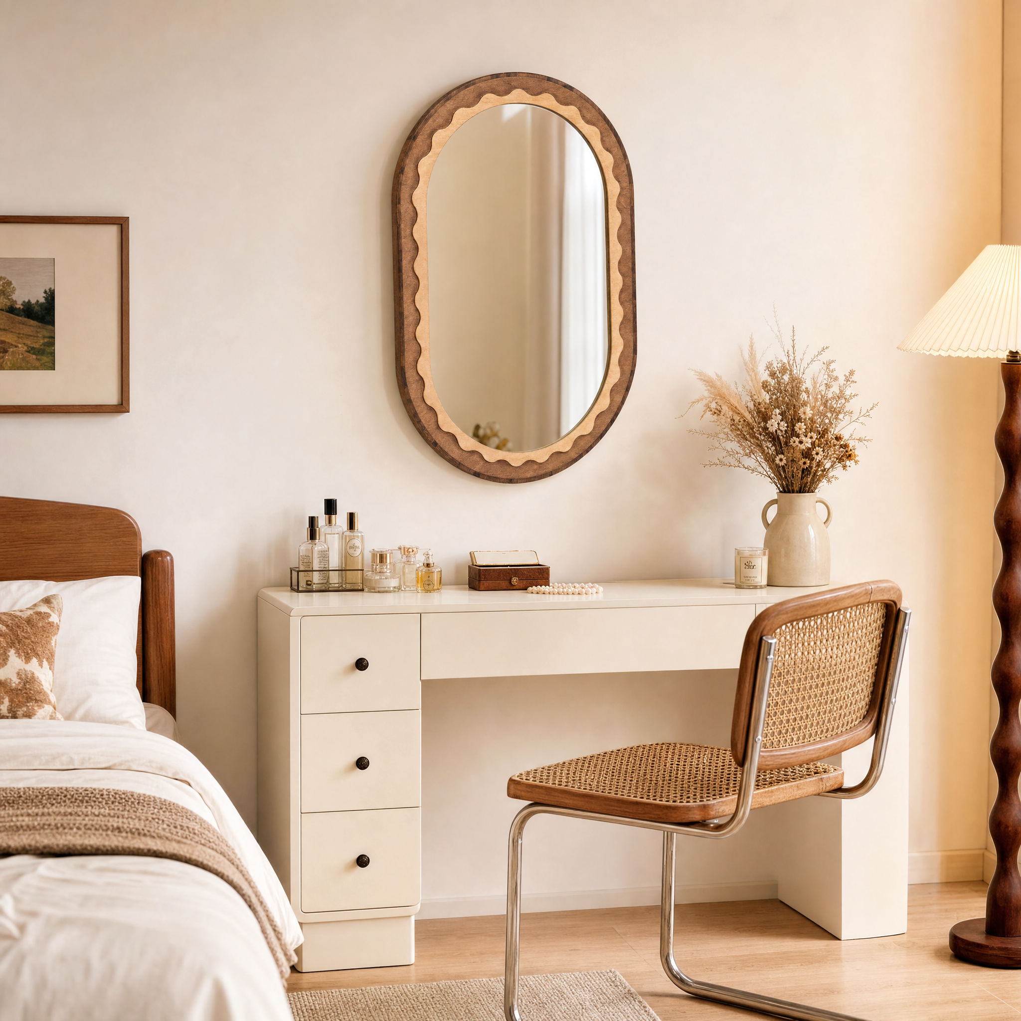 Wavy Wood Oval Mirror in a finished interior.