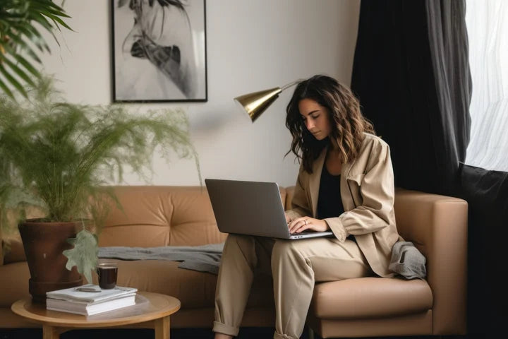 Designer working on a laptop in an interior setting