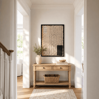 Woven Grid Wall Art — styled interior view 2