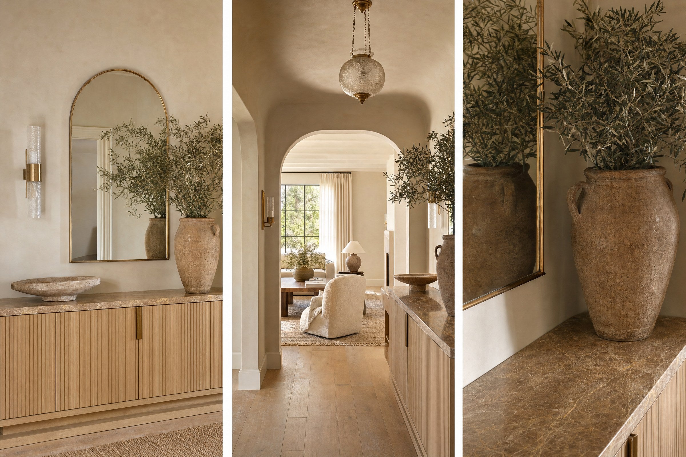 Atherton villa entry hall in warm plaster and oak