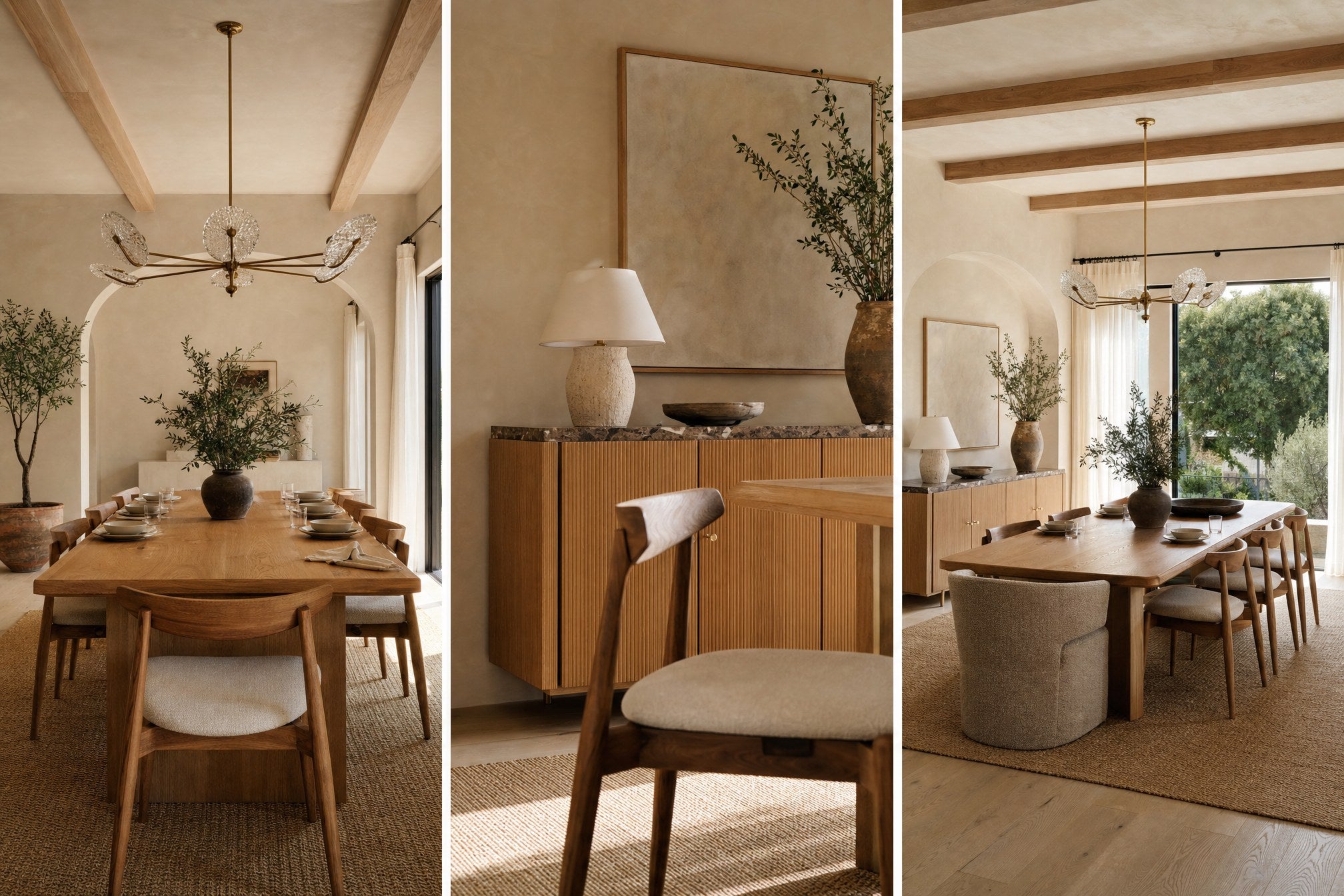 Dining room with a long table under sculptural lighting