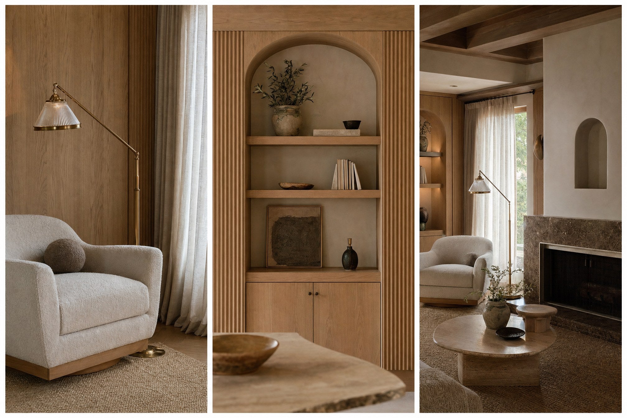 Reading corner with bouclé armchair, fluted oak niches, and a travertine fireplace