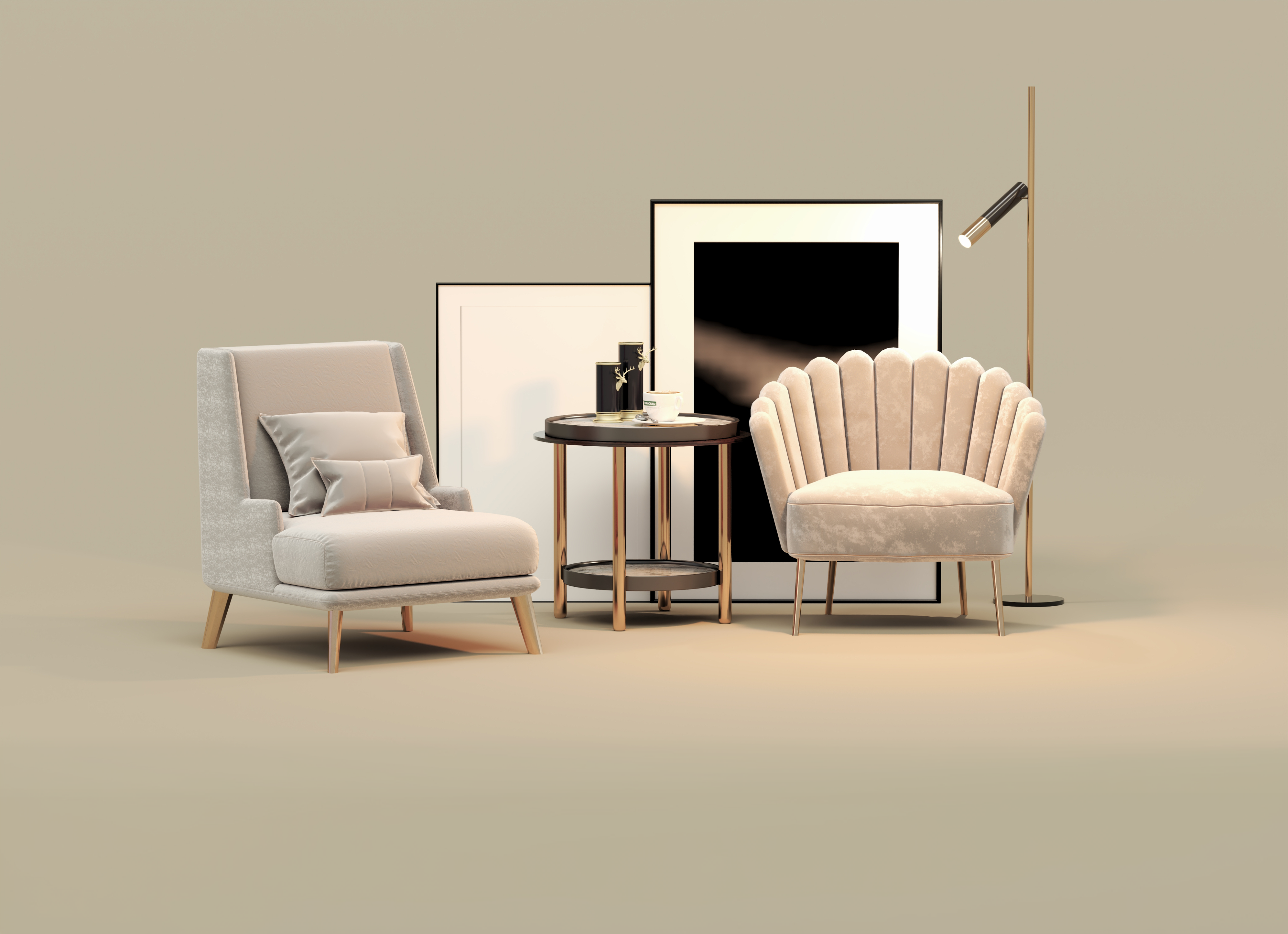Interior with armchairs and lamp