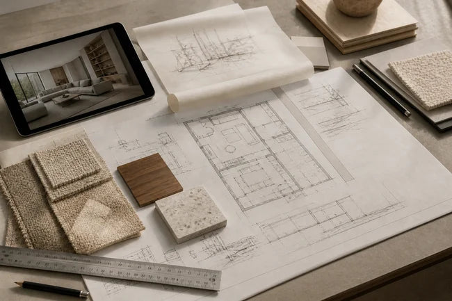 Interior materials, drawings, and samples on a project table