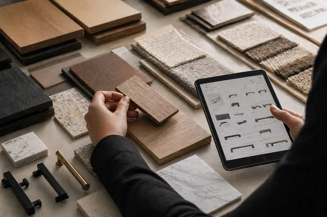 Designer reviewing samples and product direction on a tablet
