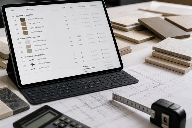 Tablet showing project product selections and bill of materials
