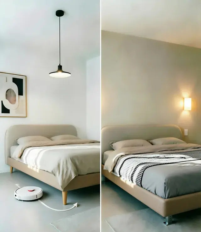 Comparison of raised-leg and low-profile upholstered bed frames in bedrooms