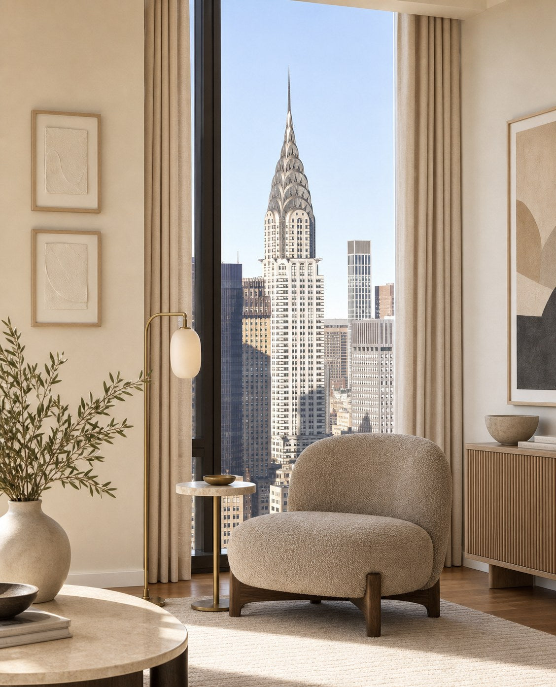 Warm modern high-rise living room