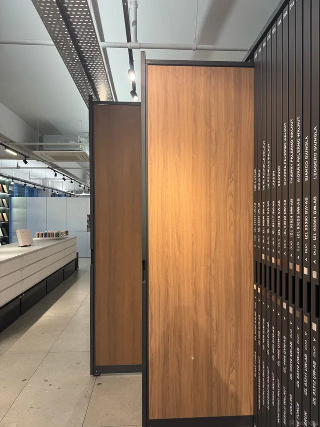 Large cabinet finish samples in a showroom display