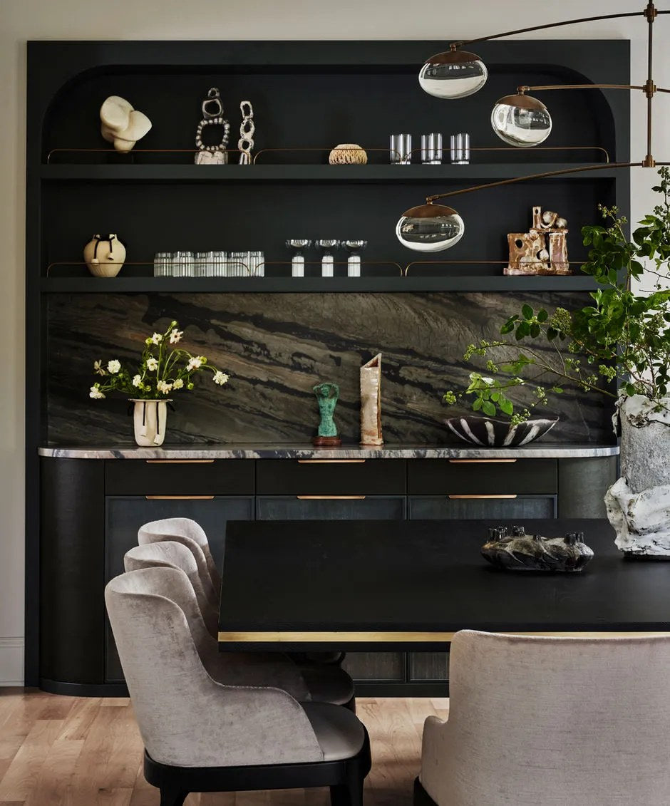 Balance black cabinetry with open display shelves