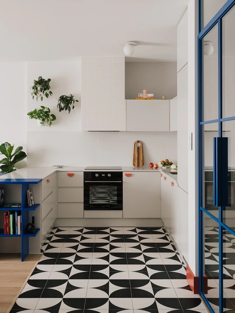 A narrow kitchen can still feel graphic and intentional