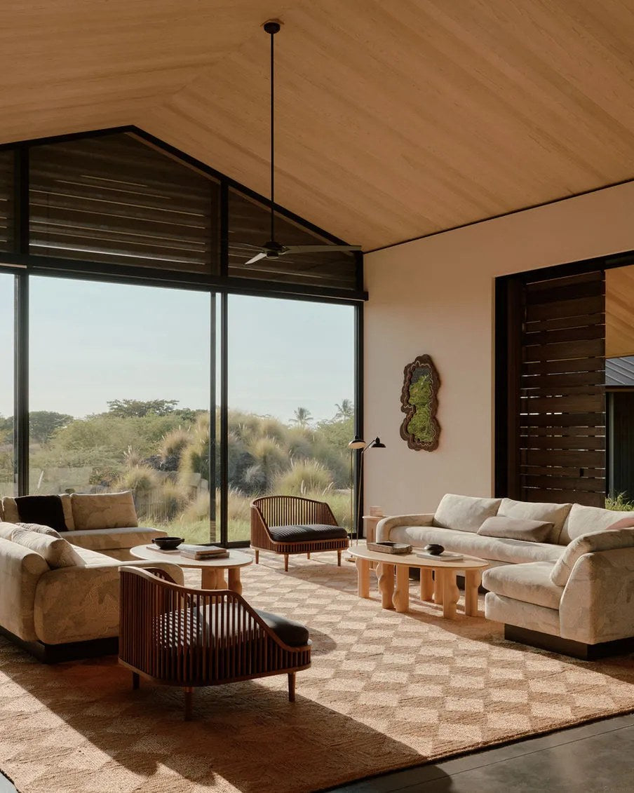 Keep the living room soft and grounded