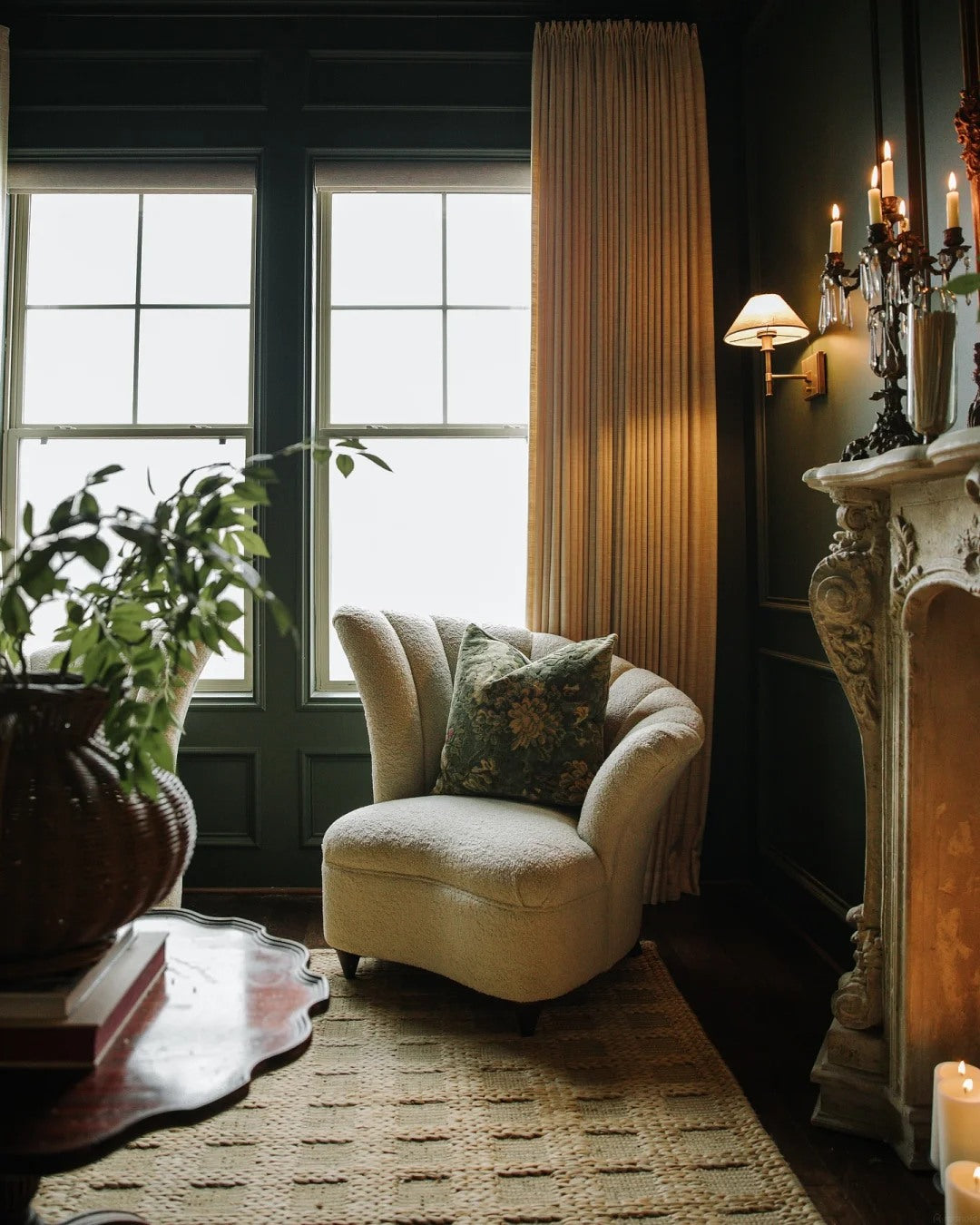 A final reading corner shows the quieter side of warm modern style.